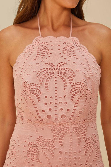 Palm Tree Eyelet Blush Pink Midi Dress Sleeveless-Dresses-Farm Rio-Debs Boutique
